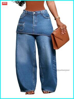 Womens Baggy Cargo Jeans Wide Leg High Rise Skirt Overlay Pants